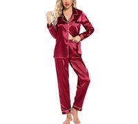 Leikar Ensemble de Pyjama en Soie à Manches Longues pour Femme, Pyjama Doux boutonné Rouge vin
