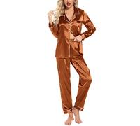 Leikar Ensemble de Pyjama en Soie à Manches Longues pour Femmes - Pyjama Doux boutonné - Café, Taille M