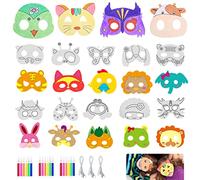 Leikedun Lot de 24 masques pour enfants - Masques d'animaux vierges avec cordes élastiques et 18 pinceaux aquarelle de couleurs - À peindre et à décorer soi-même - Pour enfants, filles, garçons