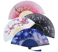 Leikedun Lot de 4 éventails chinois en tissu de soie - En bambou sculpté - Pour mariage, cadeaux, spectacles, danse, décoration de la maison