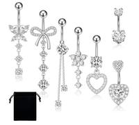 Leikedun Lot de 7 piercings de nombril en acier inoxydable chirurgical 14 g avec nœud en forme de cœur pour femmes et filles, taille unique, Acier inoxydable chirurgical, Zircon cubique