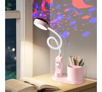 Leikurvo lampe de bureau LED pour enfant avec porte-stylo - Intensité variable - Rechargeable - 360° réglable - Col de cygne - Projection d'étoile (rose)