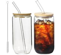 Leikurvo Lot de 2 gobelets à thé à bulles, 500 ml, avec 2 couvercles, 2 pailles et 1 brosse, gobelets en verre avec couvercle, verres à café glacé pour café glacé, cocktail, verre à smoothie, bière