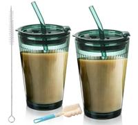 Leikurvo Lot de 2 gobelets verts, avec couvercle et paille, 450 ml, pour smoothie, thé glacé, tasse à café, tasse à café, tasse à thé