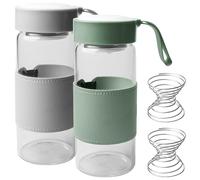 Leikurvo Lot de 2 petits shakers en verre borosilicate - 480 ml - Shakers protéinés - Sans BPA - Avec coque en silicone - Pour le fitness et les boissons protéinées - Vert/gris
