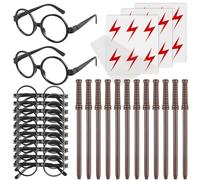 Leikurvo Lot de 42 accessoires de fête magiciens : 12 crayons à baguette magique + 12 cadres ronds sans verres + 18 tatouages flash, convient pour les fêtes à thème magique, la décoration de cadeaux