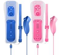 Leikurvo Pack de 2 manettes Wii Remote, manette Wii avec Nunchuk pour WiiRemote Plus, manette de remplacement pour console WiiU (Bleu + Rose)