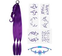 LEIMEND Perruque kpop Perruque Violette Avec Autocollants et un Bracelet | Perruque Enfant pour Cosplay Bracelet Tressé Tatouage Temporaire en Forme d'Éclair Pour carnaval Pâques jeux de Rôle