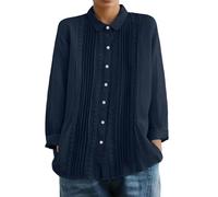 Leinenbluse mit Spitzenpatchwork, Langen Ärmeln, Reverskragen und Falten - Ein lässiges Sommer-Top., Bleu marine, XXL