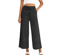 Leinenhose Damen Lang Stoffhose Damen Elegant Baumwoll Leinenstoff Hosen Baggy Jogginghose Weite Bein Hose Einfarbig Freizeithose Elastisch Bund Sporthose Bequem Luftige Sommerhose mit Taschen