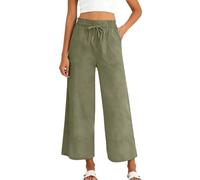 Leinenhose Damen Lang Stoffhose Damen Elegant Baumwoll Leinenstoff Hosen Baggy Jogginghose Weite Bein Hose Einfarbig Freizeithose Elastisch Bund Sporthose Bequem Luftige Sommerhose mit Taschen