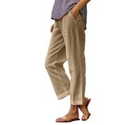 Leinenoptik Freizeithose, gerades weites Bein, elastischer Bund, leichte Struktur, Polyester, für Sommer, Urlaub und Stadtlook, für Sommer, Urlaub, Alltag und entspannte Freizeitlooks, kaki, S