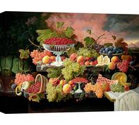 Leinwandbild, Stillleben - Severin Roesen, Nature morte à deux niveaux avec fruits et paysage de coucher de soleil - 100x70 cm