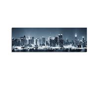 Leinwandparadies - Tableau mural panoramique de New York City Manhattan sur toile et cadre en bois. noir/blanc/bleu la nuit 120x40cm. Artisanat de haute qualité