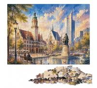 Leipzig Germany Cityscape with Bach Statue Puzzle en Bois, 1000 pièces | Activité puzzle pour commencer l'année : moment puzzle seul ou à plusieurs le w nd.