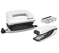 Leitz 55612001 Set avec Mini-Agrafeuse & Mini-Perforateur, Agrafage ou Perforation jusqu'à 10 Feuilles, Agrafes P2 N°10 Incluses, WOW, Blanc Perlé