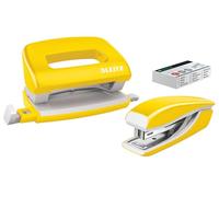 Leitz 55612016 Set avec Mini-Agrafeuse & Mini-Perforateur, Agrafage ou Perforation jusqu'à 10 Feuilles, Agrafes P2 N°10 Incluses, WOW, Jaune