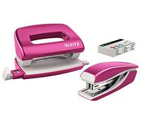 Leitz 55612023 Set avec Mini-Agrafeuse & Mini-Perforateur, Agrafage ou Perforation jusqu'à 10 Feuilles, Agrafes P2 N°10 Incluses, WOW, Rose