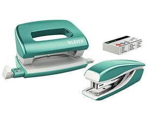 Leitz 55612051 Set avec Mini-Agrafeuse & Mini-Perforateur, Agrafage ou Perforation jusqu'à 10 Feuilles, Agrafes P2 N°10 Incluses, WOW, Menthe