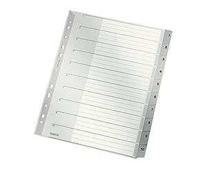 Leitz Index A4, couverture en carton et 10 intercalaires en plastique, tablettes avec numéros imprimés de 1 à 10 onglets, grande largeur, gris, 12800000, 1 pièce