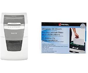 Leitz IQ 80110000 - Destructeur de Documents Coupe Croisée Sécurité P4 pour Bureau, Automatique, Capacité 100 Feuilles, Corbeille 34 litres, Blanc & Rexel 12 Feuilles prélubrifiées
