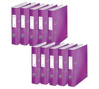Leitz, Lot de 10 Classeurs à Levier A4, Carton Pelliculé, Dos 50 mm, Capacité 350 Feuilles, Mécanisme unique 180°, Violet WOW, 10060062