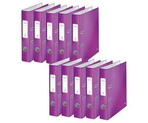 Leitz, Lot de 10 Classeurs à Levier A4, Carton Pelliculé, Dos 50 mm, Capacité 350 Feuilles, Mécanisme unique 180°, Violet WOW, 10060062