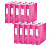 Leitz, Lot de 10 Classeurs à Levier A4, Carton Pelliculé, Dos 80 mm, Capacité 600 Feuilles, Mécanisme unique 180°, Classeur Bureau École Maison, Rose WOW, 10050023
