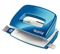 Leitz - Mini-Perforateur, 10 Feuilles, Réglette de Guidage avec Marquages des Formats, Métal, Petit Format, pour École Travail Bureau, Bleu WOW, 50601036