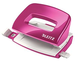 Leitz - Mini-Perforateur, 10 Feuilles, Réglette de Guidage avec Marquages des Formats, Métal, Petit Format, pour École Travail Bureau, Rose WOW, 50601023