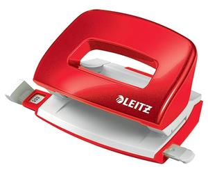 Leitz - Mini-Perforateur, 10 Feuilles, Réglette de Guidage avec Marquages des Formats, Métal, Petit Format, pour École Travail Bureau, Rouge WOW, 50601026