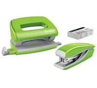 Leitz Set avec Mini-Agrafeuse & Mini-Perforateur, Agrafage ou Perforation jusqu'à 10 Feuilles, Agrafes P2 N°10 Incluses, WOW, Vert, 55612054