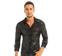 Lejafay Chemise De Bal Latino À Paillettes pour Homme Chemise De Danse Moderne Brillante Et Sexy Costume Danse Déguisement Style Années 80 Vintage Tailles M À XL Noir Large