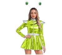 Lejafay Costume D'Aliens pour Femme Outfits en Métal Brillant Astronaute Lespace Costume Rave pour Adulte Space Girls Robe Carnaval Tenue Club Vert S