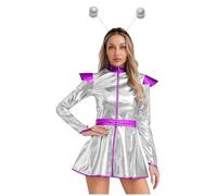 Lejafay Costume D'Aliens pour Femme Outfits en Métal Brillant Astronaute Lespace Costume Rave pour Adulte Space Girls Robe Carnaval Tenue Club Argent S