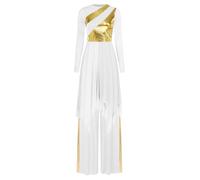 Lejafay Costume De Danse Chrétienne Adoration pour Femme avec Patchwork Brillant Robe Asymétrique De Ballet Lyrique Et Pantalons Danse Vêtements Chorale Blanc M