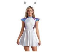 Lejafay Costume Extraterrestre Alien Pour Femme Robe Métallique Brillante À Manches Volantes Avec Diadème Spatial Costume Soldat De Lespace Adulte Taille S4xl Bleu M