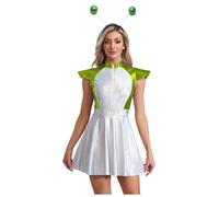 Lejafay Costume Extraterrestre Alien Pour Femme Robe Métallique Brillante À Manches Volantes Avec Diadème Spatial Costume Soldat De Lespace Adulte Taille S4xl Vert XL