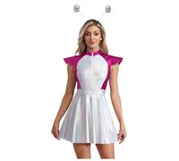 Lejafay Costume Extraterrestre Alien Pour Femme Robe Métallique Brillante À Manches Volantes Avec Diadème Spatial Costume Soldat De Lespace Adulte Taille S4xl Rose vif XXL