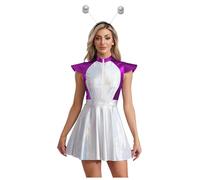 Lejafay Costume Extraterrestre Alien Pour Femme Robe Métallique Brillante À Manches Volantes Avec Diadème Spatial Costume Soldat De Lespace Adulte Taille S4xl Violet XXL
