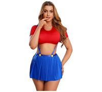 Lejafay Costume Lingerie Plombier Cartonné En Trois Pièces Pour Femme Crop Top Avec Mini Jupe Et Slip Intime Rouge Bleu S