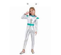 Lejafay Costume Soldat de L Espace pour Filles Déguisement Astronaute Alien Holographique avec Diadème Alien Costume Enfant Carnaval Cosplay Espace Extérieur Argent 15-16 ans