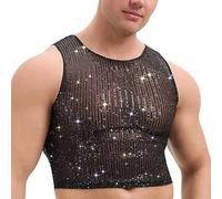 Lejafay Homme Chemise Sport En Mailles Transparentes Sans Manches Et En Taille Slim En Séquins Étincelants Pour Soirée Club Noir XL