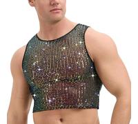 Lejafay Homme Chemise Sport En Mailles Transparentes Sans Manches Et En Taille Slim En Séquins Étincelants Pour Soirée Club Coloré XL