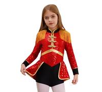 Lejafay Maillot À Paillettes De Danse Pour Fille Manches Longues Avec Pompons Costume De Maître Cérémonie Cirque Costume Danseuse Magicien Cirque Rouge 9-10 ans