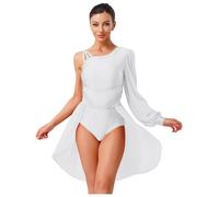 Lejafay Robe De Danse Latine avec des Paillettes Brillantes pour Femme Robe De Patinage Maillot avec Jupe Tulle Une Épaule Manches Longues pour Compétitions S XXL Blanc L