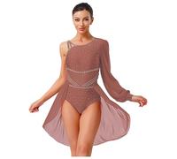 Lejafay Robe De Danse Latine avec des Paillettes Brillantes pour Femme Robe De Patinage Maillot avec Jupe Tulle Une Épaule Manches Longues pour Compétitions S XXL Café XXL