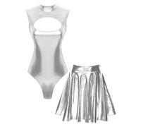 Lejafay Robe De Fête À Paillettes Spatiales Costume D Extraterrestre Pour Femme Body Sans Manches Avec Jupe Patineuse Métallisée Tenue De Discothèque Clubwear Argent L