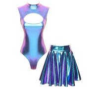 Lejafay Robe De Fête À Paillettes Spatiales Costume D Extraterrestre Pour Femme Body Sans Manches Avec Jupe Patineuse Métallisée Tenue De Discothèque Clubwear Bleu S