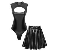 Lejafay Robe De Fête À Paillettes Spatiales Costume D Extraterrestre Pour Femme Body Sans Manches Avec Jupe Patineuse Métallisée Tenue De Discothèque Clubwear Noir M